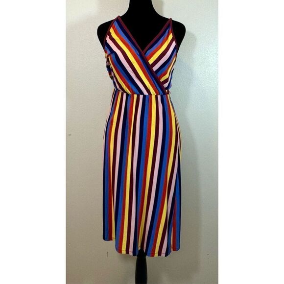 NWOT WAREHOUSE Roller Disco Rainbow Wrap Cami Style Midi Dress Women's 8 - Picture 3 of 10